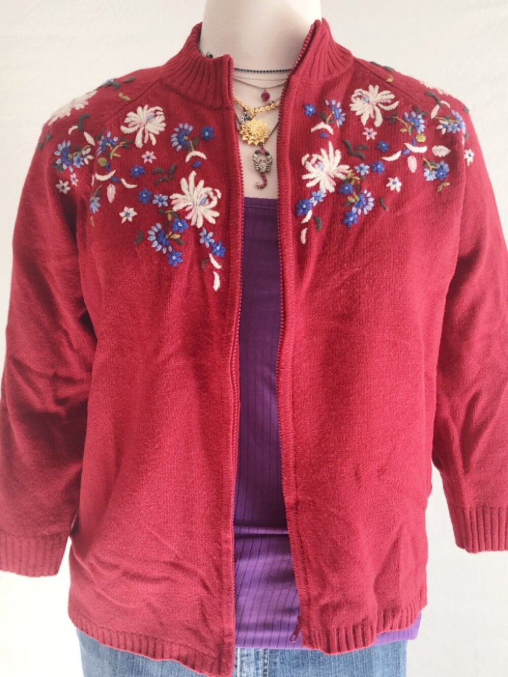 Vintage 90s Mainstreet Blues Brick Red Embroidered Cardigan Sweater Plus Size 1X